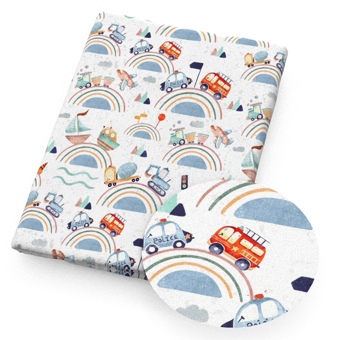 rainbow sailboat plane policepolicemanpolice car fire truckfire fabric