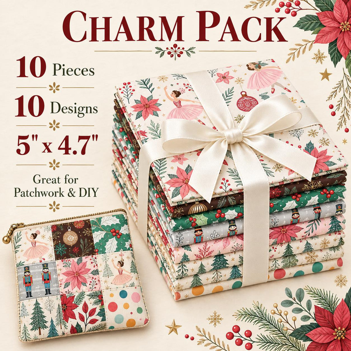 10Pc/Set Christmas Series Flower Ballet Tree Holly Fat Quarter Fabric, Pre-Cut Square Fabric Assort, Fabric Set, Craft Fabric, Handmade DIY Patchwork Fabric,Home Quilting Sewing Fabric, Packaging Fabric, Scrapbooking Craft Hobbyist