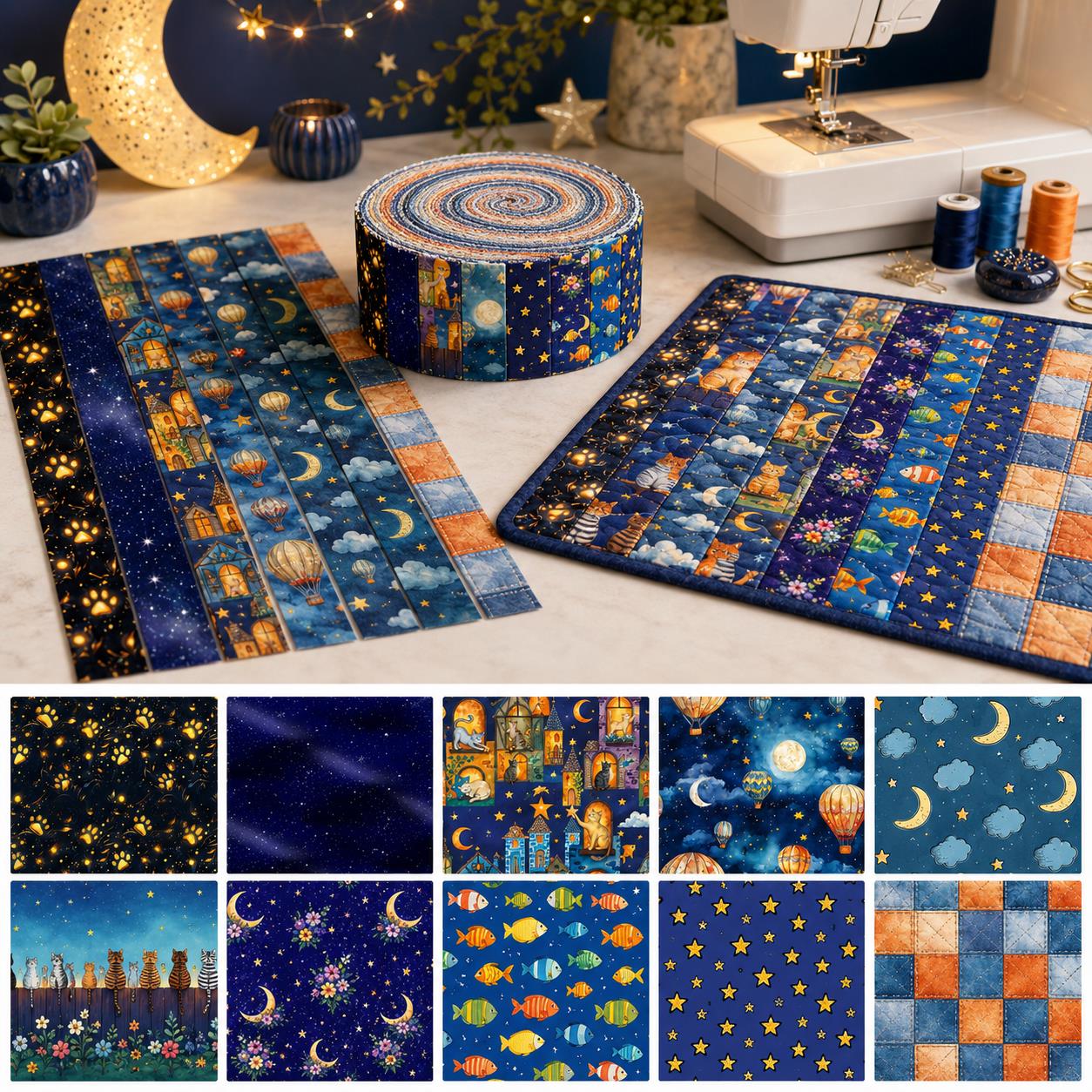 10pcs Vintage Moon Cat Fish Night Pattern Jelly Roll Fabric Strips 2.5X19.7inch Pre-cut 100% Polyester for Patchwork Quilts, Table Runners, Placemats, Tote Bags, Storage Pouches, Makeup Bags, Coasters, Quilt Blocks & Binding Halloween Gift