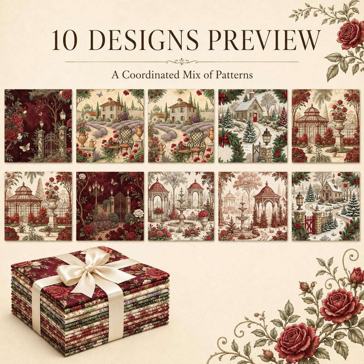 10Pc/Set Flower Rose Christmas Series Tree Fat Quarter Fabric, Pre-Cut Square Fabric Assort, Fabric Set, Craft Fabric, Handmade DIY Patchwork Fabric,Home Quilting Sewing Fabric, Packaging Fabric, Scrapbooking Craft Hobbyist