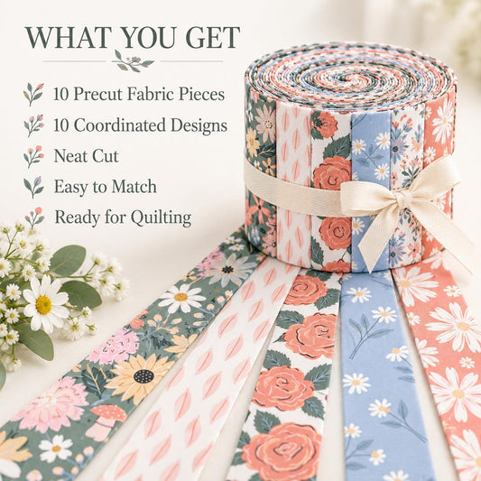 10pcs Vintage Floral Pattern Jelly Roll Fabric Strips 2.5X19.7inch Pre-Cut 100% Polyester For Patchwork Quilts, Table Runners, Placemats, Tote Bags, Storage Pouches, Makeup Bags, Coasters, Quilt Blocks & Binding