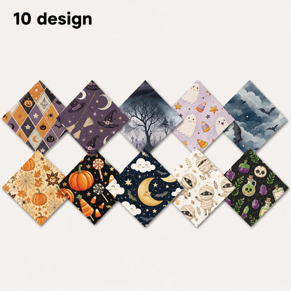 10pcs Charm Pack Set Bat Pumpkin Moon Halloween Vintage Style Pattern Handmade DIY with Rich Color and Texture Elements 100% Polyester Patchwork in 10 Design Styles Suitable for Patchwork DIY Craft Projects DIY Wallet Making Gift Giving Bag Making
