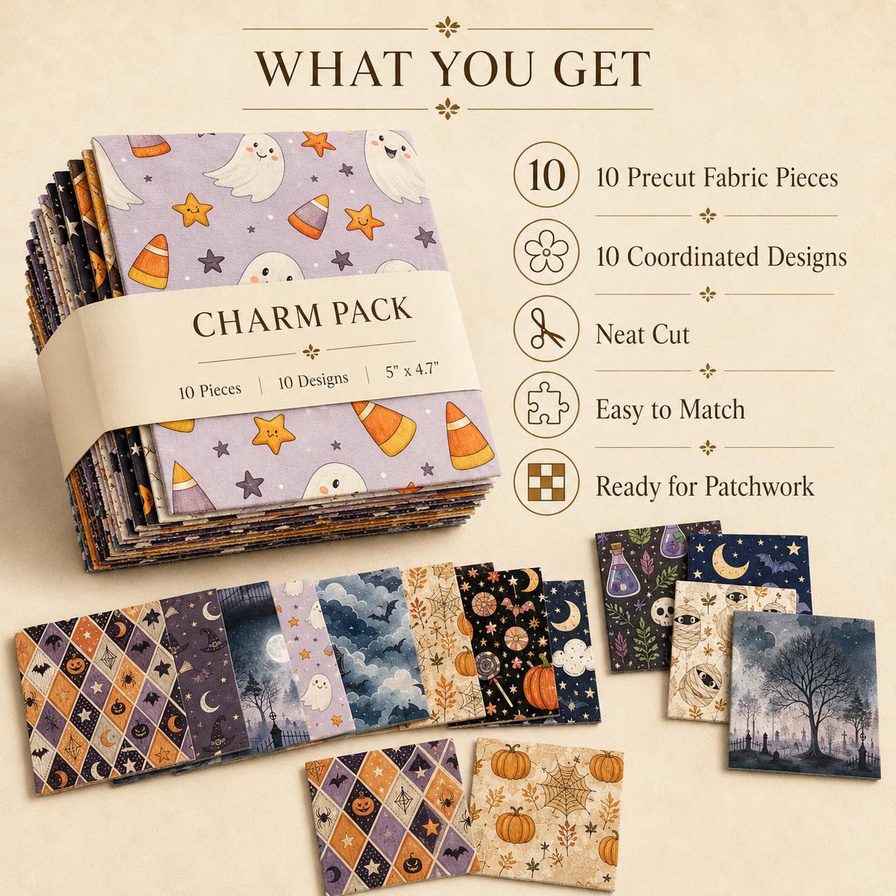 10pcs Charm Pack Set Bat Pumpkin Moon Halloween Vintage Style Pattern Handmade DIY with Rich Color and Texture Elements 100% Polyester Patchwork in 10 Design Styles Suitable for Patchwork DIY Craft Projects DIY Wallet Making Gift Giving Bag Making