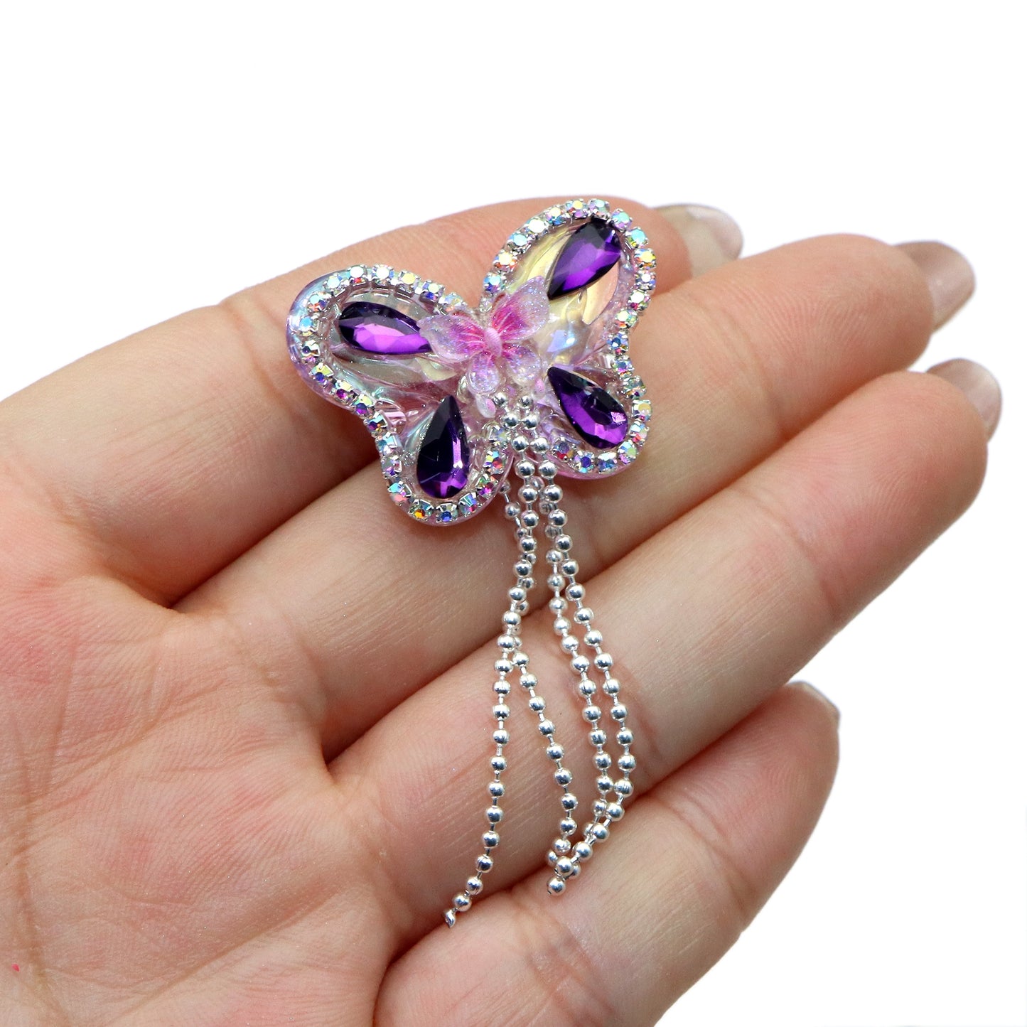 1Pc Luxury Butterfly Rhinestone Faux Crystal Beads with Tassel Loose Spacer Beads with Hole Jewelry Making DIY Bracelet Necklace Chain Earrings Pen Charm Bangle Decors Craft Supplies