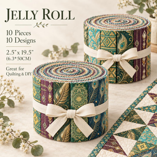 10pcs Vintage Geometric Peacock Feathers Cashew Pattern Jelly Roll Fabric Strips 2.5X19.7inch Pre-Cut 100% Polyester For Patchwork Quilts, Table Runners, Placemats, Tote Bags, Storage Pouches, Makeup Bags, Coasters, Quilt Blocks & Binding