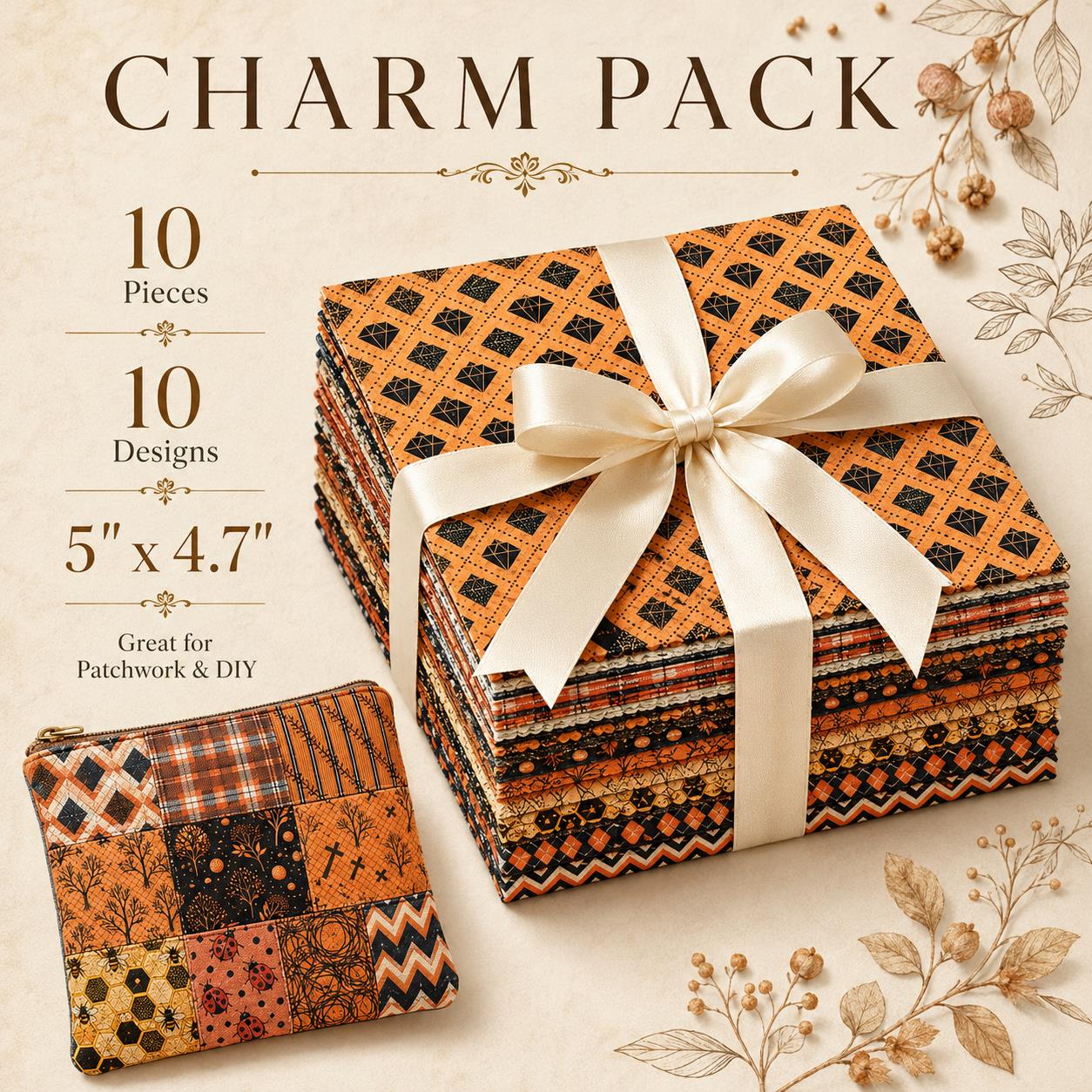 10Pc/Set Autumn Orange Series Ladybug Stripe Bee Dot Hexagon Fat Quarter Fabric, Pre-Cut Square Fabric Assort, Fabric Set, Craft Fabric, Handmade DIY Patchwork Fabric,Home Quilting Sewing Fabric, Packaging Fabric, Scrapbooking Craft Hobbyist