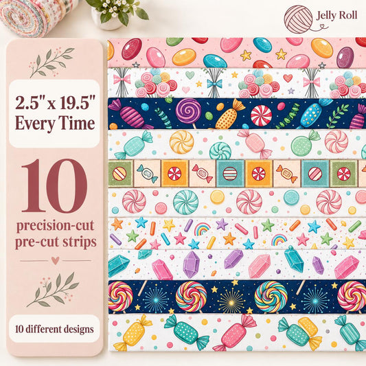 10pcs Vintage Candy Lollipop Pattern Jelly Roll Fabric Strips 2.5X19.7inch Pre-Cut 100% Polyester For Patchwork Quilts, Table Runners, Placemats, Tote Bags, Storage Pouches, Makeup Bags, Coasters, Quilt Blocks & Binding