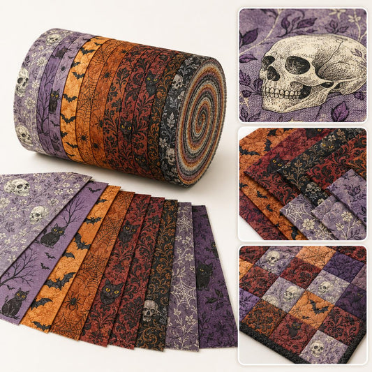 10pcs Vintage Bat Skull Cat Halloween Pattern Jelly Roll Fabric Strips 2.5X19.7inch Pre-Cut 100% Polyester For Patchwork Quilts, Table Runners, Placemats, Tote Bags, Storage Pouches, Makeup Bags, Coasters, Quilt Blocks & Binding