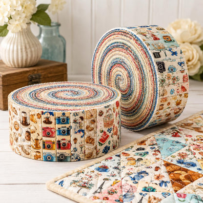 10pcs Camera Bread Jelly Roll Fabric Strips 2.5X19.7inch Pre-Cut 100% Polyester For Patchwork Quilts, Table Runners, Placemats, Tote Bags, Storage Pouches, Makeup Bags, Coasters, Quilt Blocks & Binding
