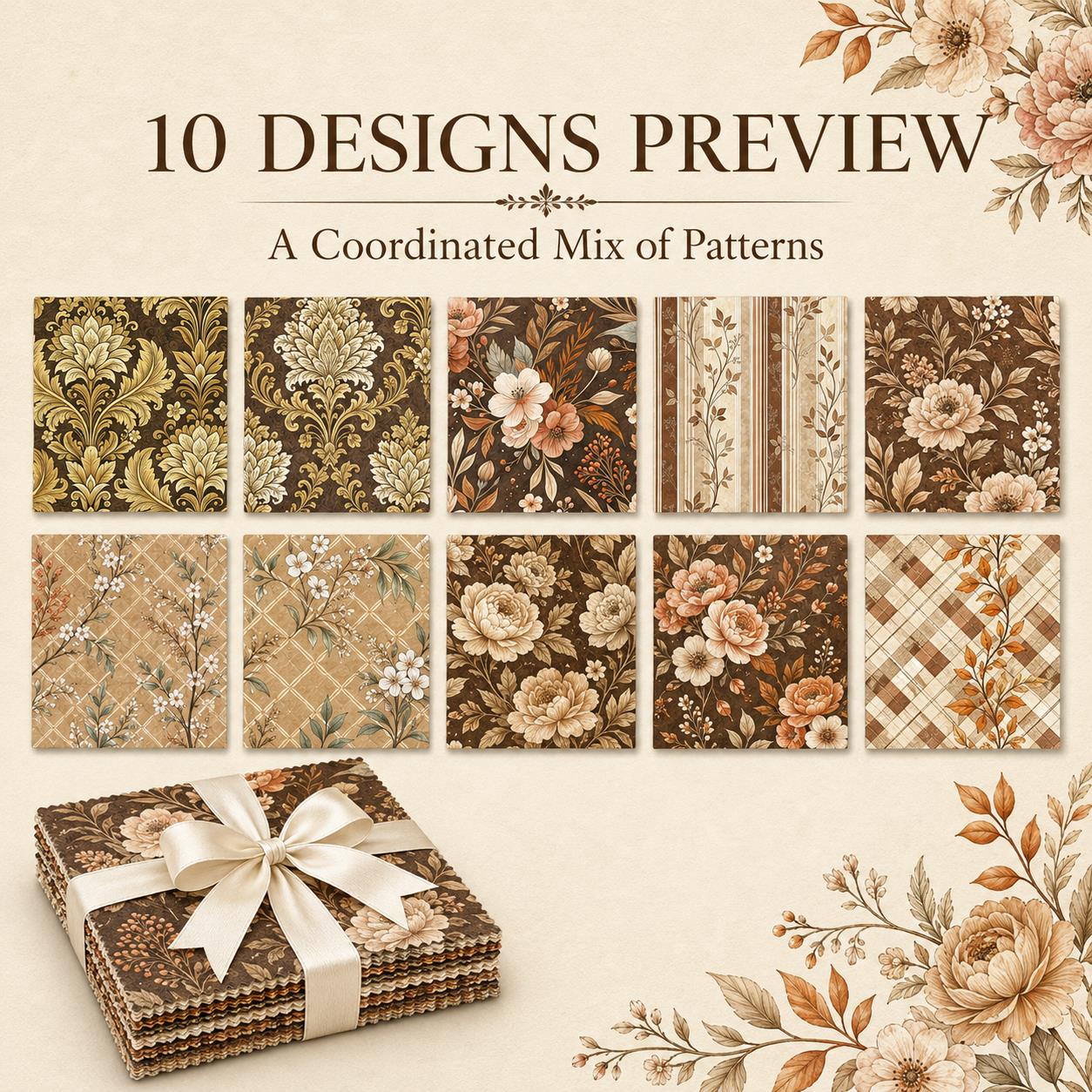 10pcs Charm Pack Set Floral Autumn Pattern Vintage Style Pattern Handmade DIY with Rich Color and Texture Elements 100% Polyester Patchwork in 10 Design Styles Suitable for Patchwork DIY Craft Projects DIY Wallet Making Gift Giving Bag Making
