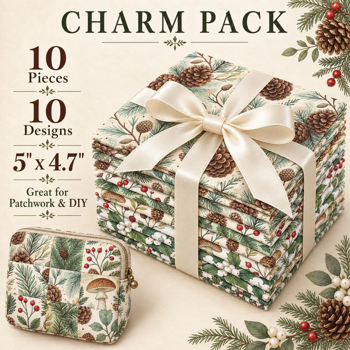 10Pc/Set Christmas Series Tree Mushroom Holly Pinecones Fat Quarter Fabric, Pre-Cut Square Fabric Assort, Fabric Set, Craft Fabric, Handmade DIY Patchwork Fabric,Home Quilting Sewing Fabric, Packaging Fabric, Scrapbooking Craft Hobbyist