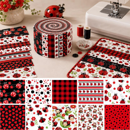 10Pc/Set, Making 10 Images 1pc Each, Each Size: 6.3*50cm Spring Heart Ladybug Red Series Sliced Fabric Set Style Combination, Polyester Jelly Roll Fabric Strips, Pre-Cut Quilting Squares, For Quilting DIY, Handicrafts And Sewing, Blankets, Rugs