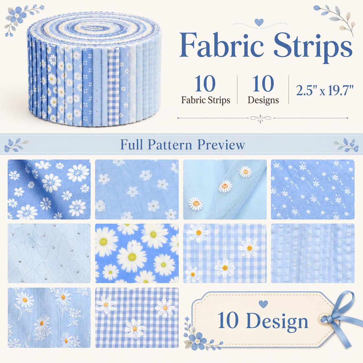 10Pc/Set, Making 10 Images 1pc Each, Each Size: 6.3*50cm Daisy Floral Blue Series Sliced Fabric Set Style Combination, Polyester Jelly Roll Fabric Strips, Pre-Cut Quilting Squares, For Quilting DIY, Handicrafts And Sewing, Blankets, Rugs