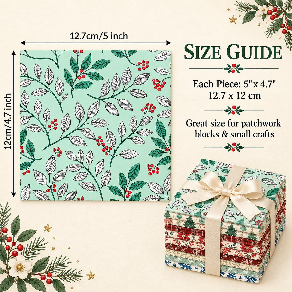 10Pc/Set Christmas Flower Series Plaid Tree Bell Fat Quarter Fabric, Pre-Cut Square Fabric Assort, Fabric Set, Craft Fabric, Handmade DIY Patchwork Fabric,Home Quilting Sewing Fabric, Packaging Fabric, Scrapbooking Craft Hobbyist
