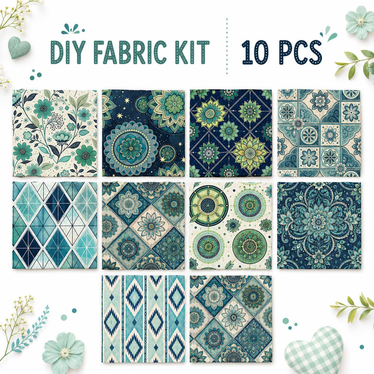 10Pc/Set Plaid Flower Green Series Fat Quarter Fabric, Pre-Cut Square Fabric Assort, Fabric Set, Craft Fabric, Handmade DIY Patchwork Fabric,Home Quilting Sewing Fabric, Packaging Fabric, Scrapbooking Craft Hobbyist
