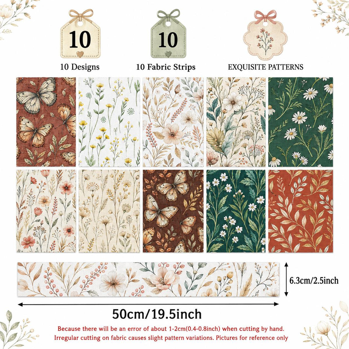 10pcs Vintage Floral Pattern Jelly Roll Fabric Strips 2.5X19.7inch Pre-Cut 100% Polyester For Patchwork Quilts, Table Runners, Placemats, Tote Bags, Storage Pouches, Makeup Bags, Coasters, Quilt Blocks & Binding