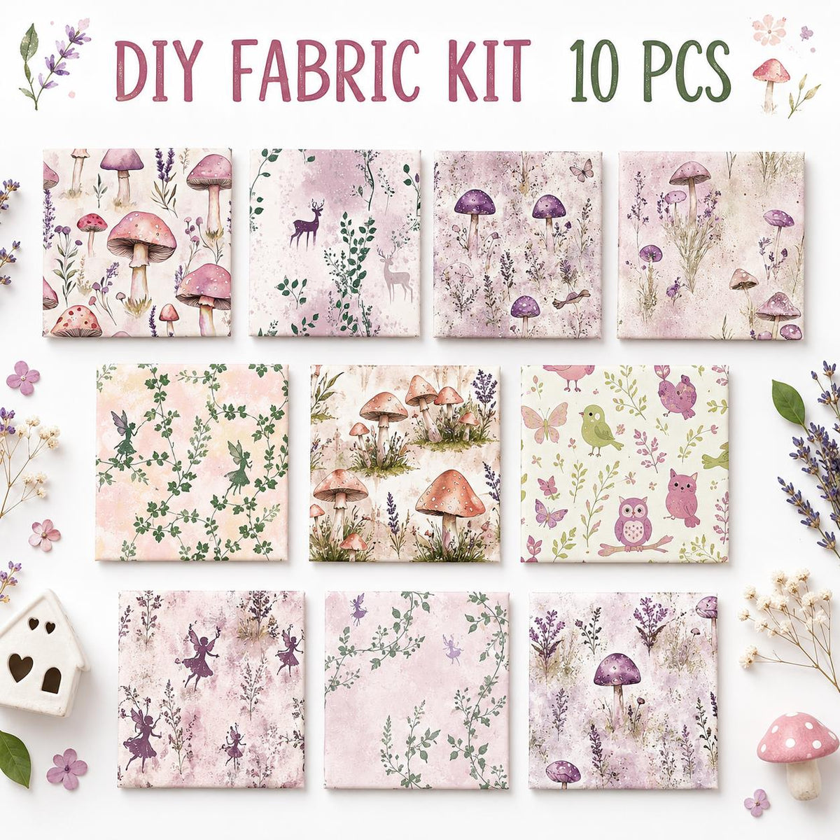 10pcs Charm Pack Set Mushroom Floral Deer Pattern Vintage Style Handmade DIY with Rich Color and Texture Elements 100% Polyester Patchwork in 10 Design Styles Suitable for Patchwork DIY Craft Projects DIY Wallet Making Gift Giving Bag Making Mother's Day