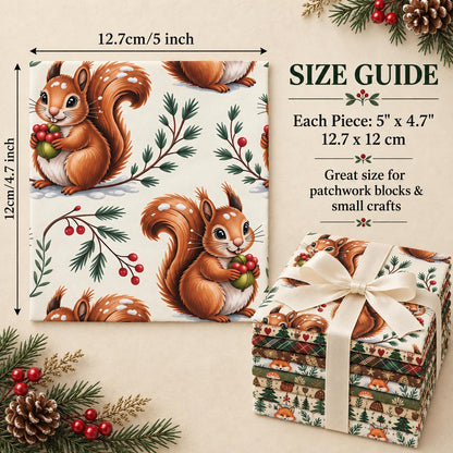 10Pc/Set Christmas Series Star Deer Fox Squirrel Holly Pinecones Fat Quarter Fabric, Pre-Cut Square Fabric Assort, Fabric Set, Craft Fabric, Handmade DIY Patchwork Fabric,Home Quilting Sewing Fabric, Packaging Fabric, Scrapbooking Craft Hobbyist