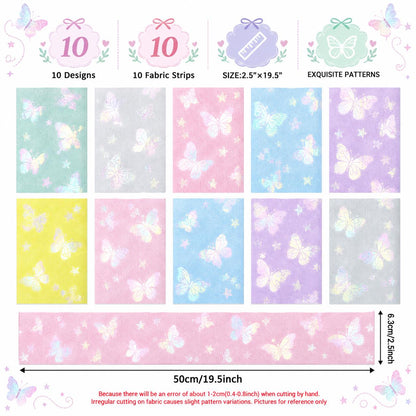 10pcs Vintage Butterfly Mesh Gauze Lace Series Jelly Roll Fabric Strips 2.5X19.7inch Pre-cut 100% Polyester for Patchwork Quilts, Table Runners, Placemats, Tote Bags, Storage Pouches, Makeup Bags, Coasters, Quilt Blocks & Binding Multi-color
