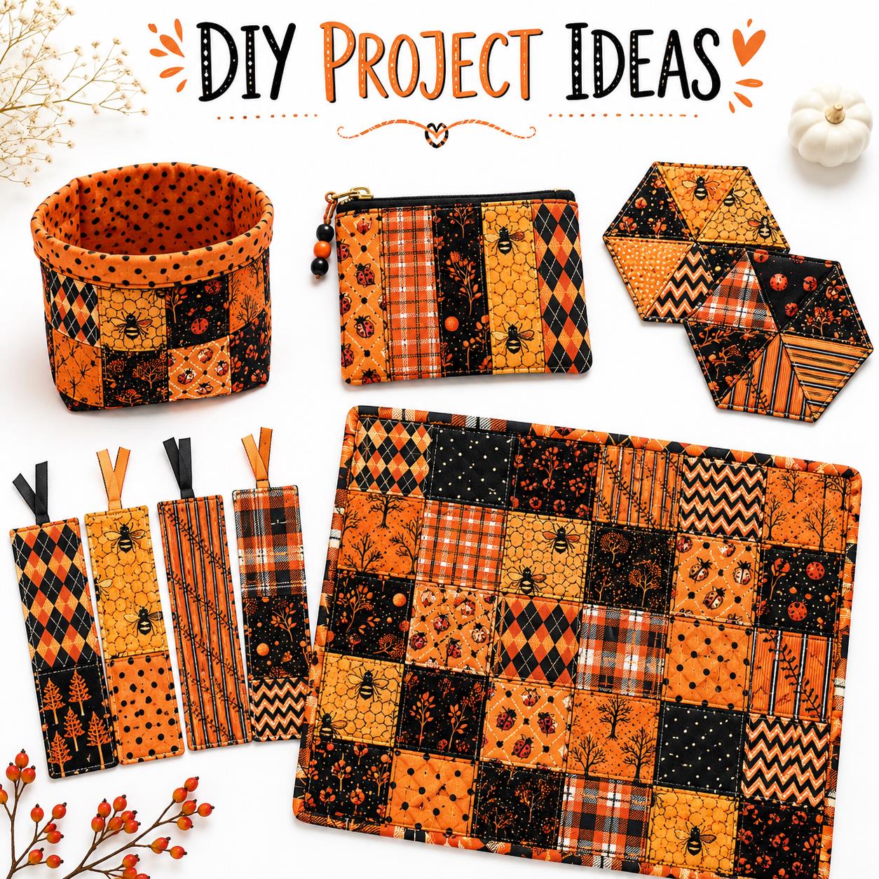 10Pc/Set Autumn Orange Series Ladybug Stripe Bee Dot Hexagon Fat Quarter Fabric, Pre-Cut Square Fabric Assort, Fabric Set, Craft Fabric, Handmade DIY Patchwork Fabric,Home Quilting Sewing Fabric, Packaging Fabric, Scrapbooking Craft Hobbyist