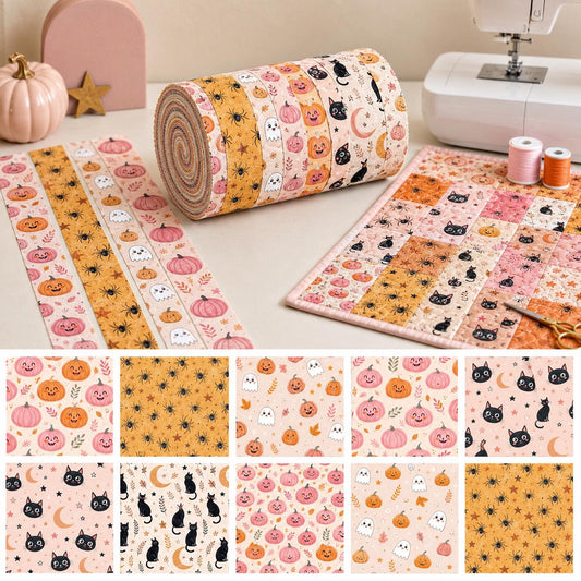 10pcs Vintage Pumpkin cat Spider Halloween Theme Jelly Roll Fabric Strips 2.5X19.7inch Pre-Cut 100% Polyester For Patchwork Quilts, Table Runners, Placemats, Tote Bags, Storage Pouches, Makeup Bags, Coasters, Quilt Blocks & Binding