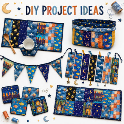 10pcs Vintage Moon Cat Fish Night Pattern Jelly Roll Fabric Strips 2.5X19.7inch Pre-cut 100% Polyester for Patchwork Quilts, Table Runners, Placemats, Tote Bags, Storage Pouches, Makeup Bags, Coasters, Quilt Blocks & Binding Halloween Gift
