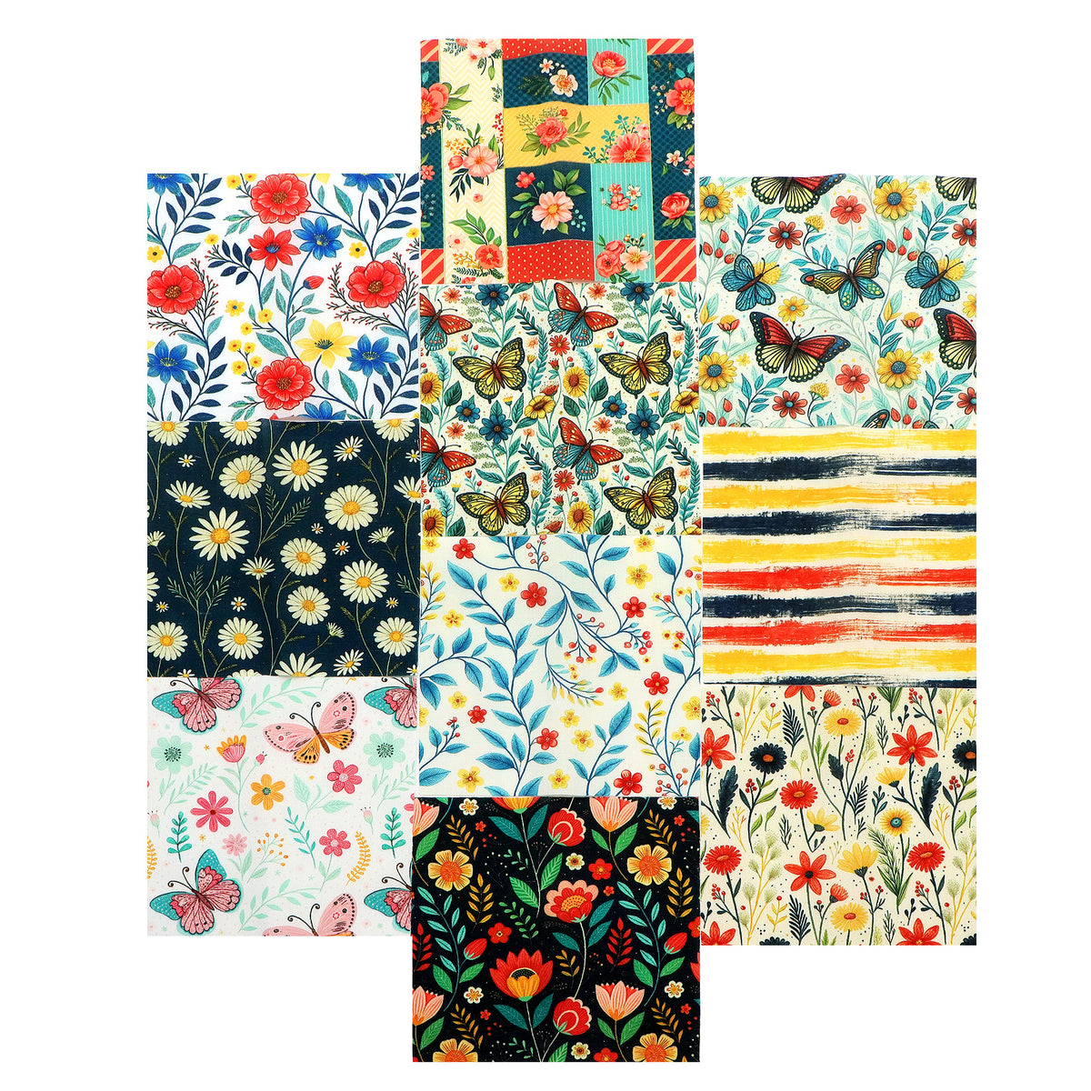 10Pc/Set Flower Series Dot Butterfly Plaid Fat Quarter Fabric, Pre-Cut Square Fabric Assort, Fabric Set, Craft Fabric, Handmade DIY Patchwork Fabric,Home Quilting Sewing Fabric, Packaging Fabric, Scrapbooking Craft Hobbyist
