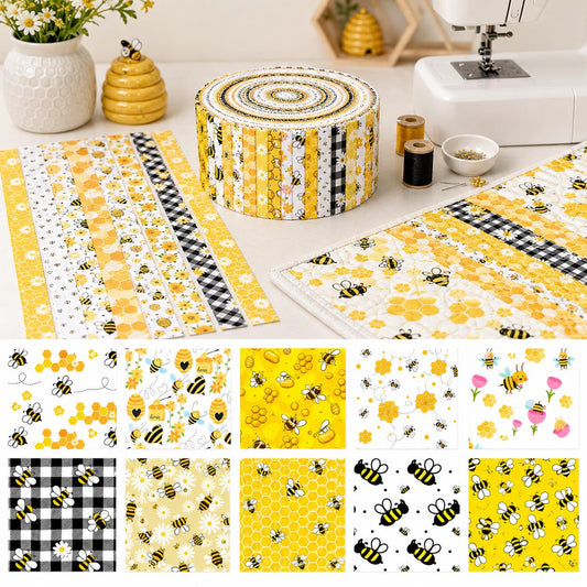 10pcs Vintage Bee Honey Spring Theme Jelly Roll Fabric Strips 2.5X19.7inch Pre-Cut 100% Cotton For Patchwork Quilts, Table Runners, Placemats, Tote Bags, Storage Pouches, Makeup Bags, Coasters, Quilt Blocks & Binding