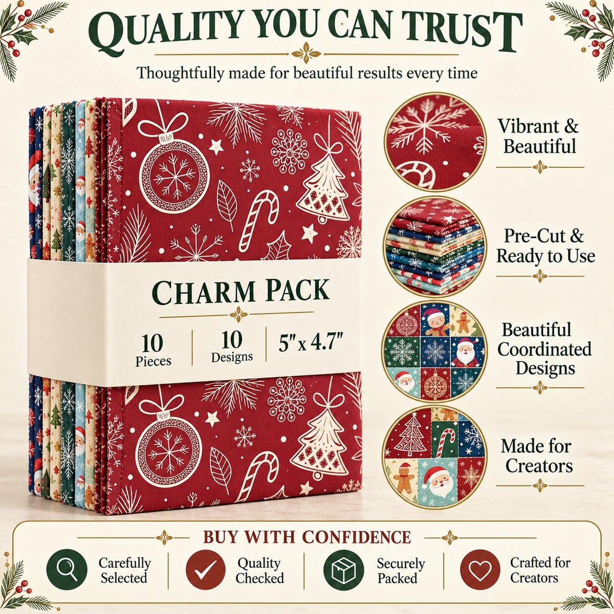 10Pc/Set Christmas Series Star Deer Santa Claus Holly Crutch Fat Quarter Fabric, Pre-Cut Square Fabric Assort, Fabric Set, Craft Fabric, Handmade DIY Patchwork Fabric,Home Quilting Sewing Fabric, Packaging Fabric, Scrapbooking Craft Hobbyist