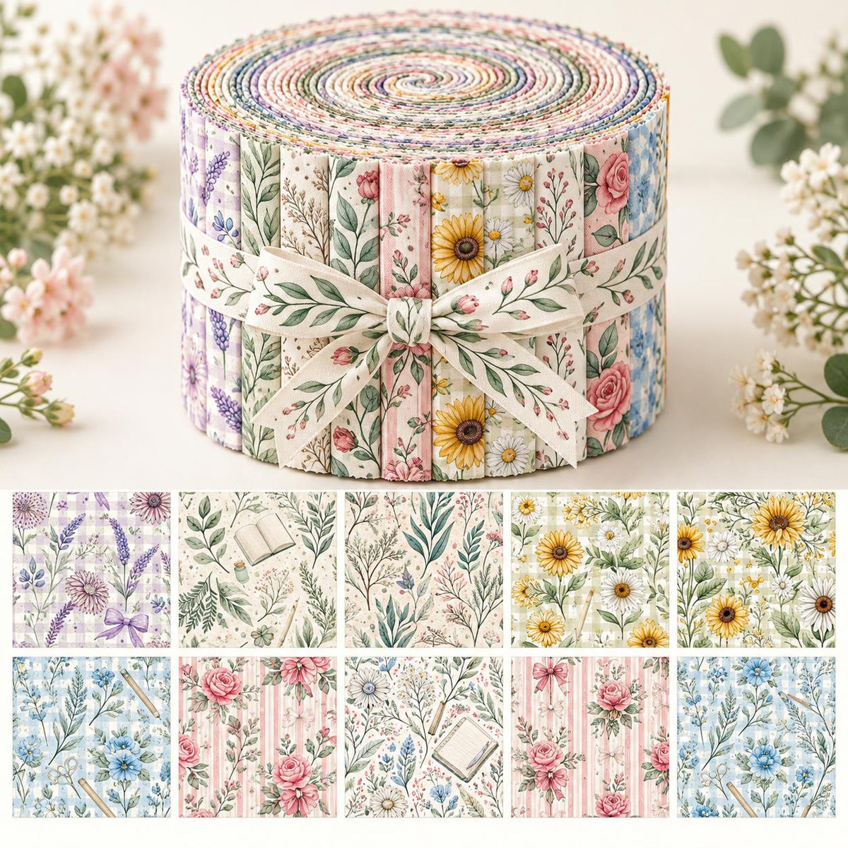 10pcs Vintage Floral Pattern Jelly Roll Fabric Strips 2.5X19.7inch Pre-Cut 100% Polyester For Patchwork Quilts, Table Runners, Placemats, Tote Bags, Storage Pouches, Makeup Bags, Coasters, Quilt Blocks & Binding