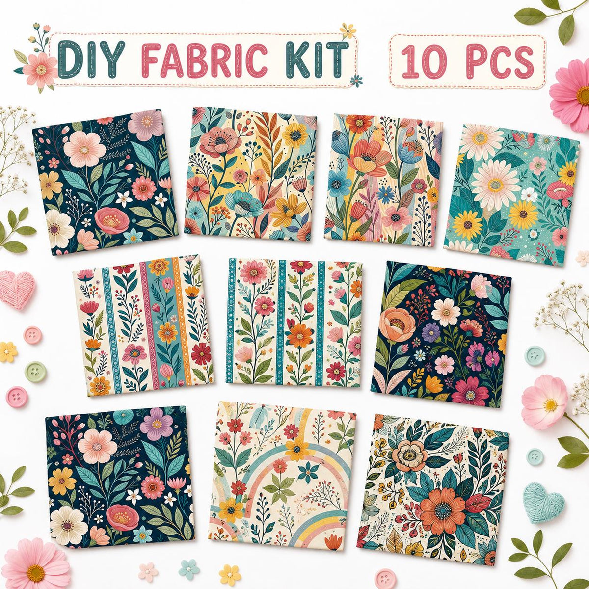 10Pc/Set Flower Stripe Series Fat Quarter Fabric, Pre-Cut Square Fabric Assort, Fabric Set, Craft Fabric, Handmade DIY Patchwork Fabric,Home Quilting Sewing Fabric, Packaging Fabric, Scrapbooking Craft Hobbyist