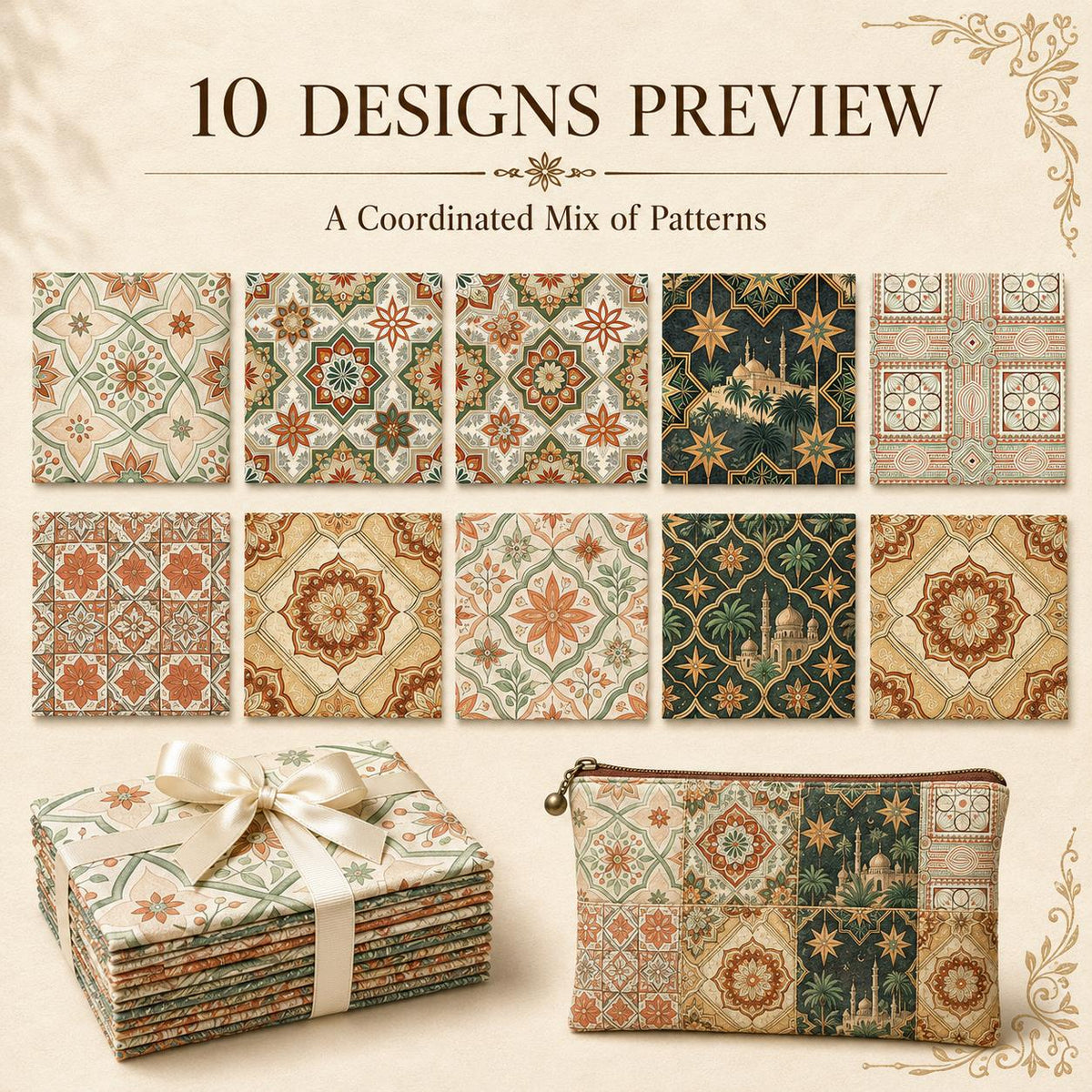 10pcs Charm Pack Set Geometric Floral Pattern 100% Polyester Patchwork in 10 Design Styles, Ready-to-Sew Without Cutting, Suitable For Patchwork Wallet Making Gift Giving Tote Bags Coasters DIY Craft Projects