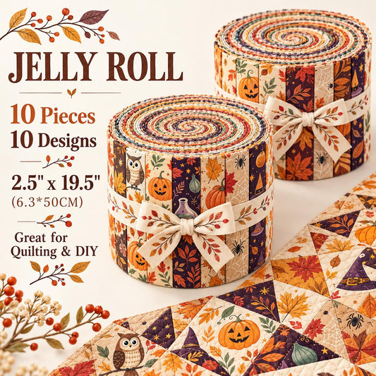 10pcs Vintage Pumpkin Owl Spider Autumn Halloween Theme Jelly Roll Fabric Strips 2.5X19.7inch Pre-Cut 100% Polyester For Patchwork Quilts, Table Runners, Placemats, Tote Bags, Storage Pouches, Makeup Bags, Coasters, Quilt Blocks & Binding