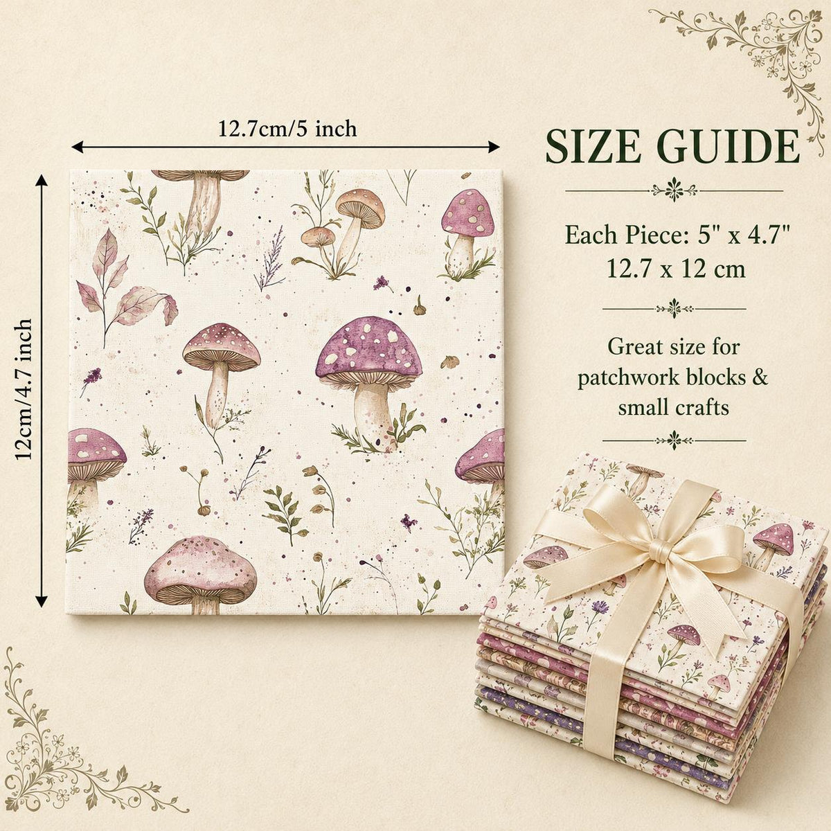 10pcs Charm Pack Set Mushroom Floral Deer Pattern Vintage Style Handmade DIY with Rich Color and Texture Elements 100% Polyester Patchwork in 10 Design Styles Suitable for Patchwork DIY Craft Projects DIY Wallet Making Gift Giving Bag Making Mother's Day