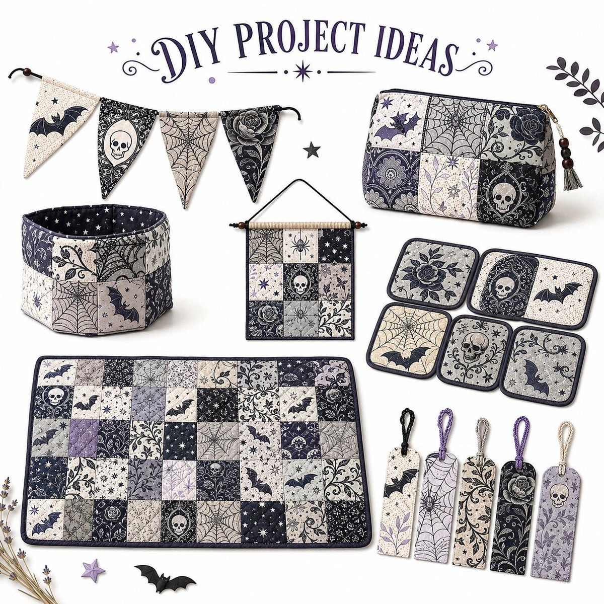 10Pc/Set Halloween Design Fat Quarter Fabric Set, Pre-Cut Square Craft Fabric with skull Cat Pumpkin Bat Design, Handmade DIY Patchwork Fabric for Home Quilting Sewing, Scrapbooking Craft, Holiday Decor
