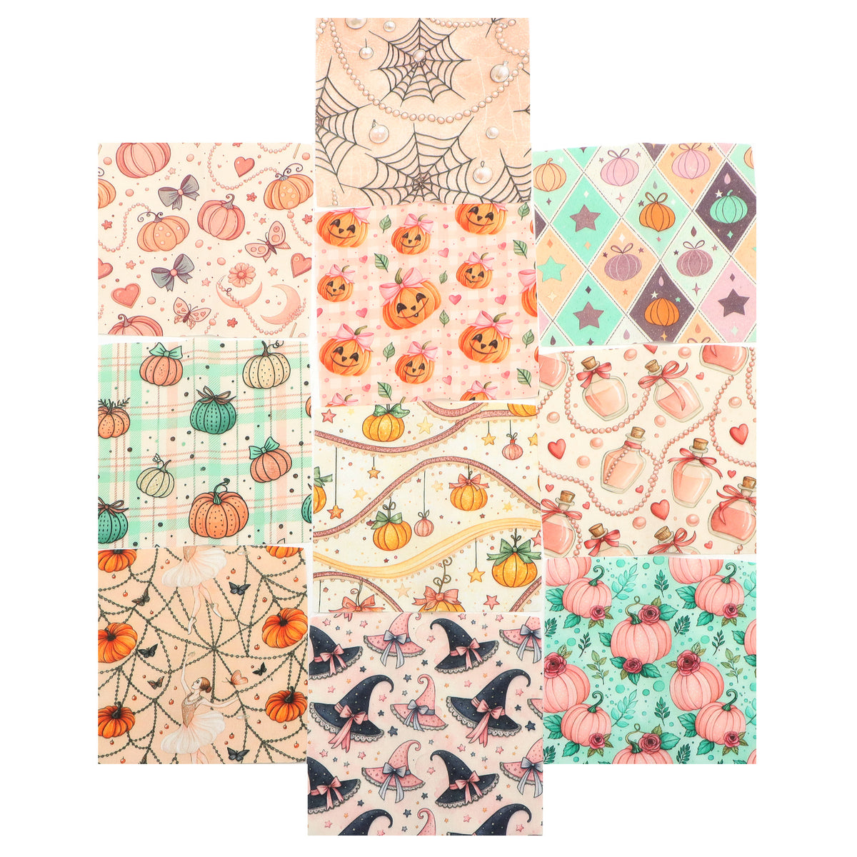 10pcs Charm Pack Set Spider Pumpkin Halloween Theme Vintage Style Pattern Handmade DIY with Rich Color and Texture Elements 100% Polyester Patchwork in 10 Design Styles Suitable for Patchwork DIY Craft Projects DIY Wallet Making Gift Giving Bag Making
