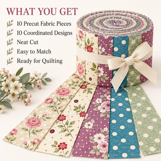 10pcs Vintage Floral Dot Pattern Jelly Roll Fabric Strips 2.5X19.7inch Pre-Cut 100% Polyester For Patchwork Quilts, Table Runners, Placemats, Tote Bags, Storage Pouches, Makeup Bags, Coasters, Quilt Blocks & Binding