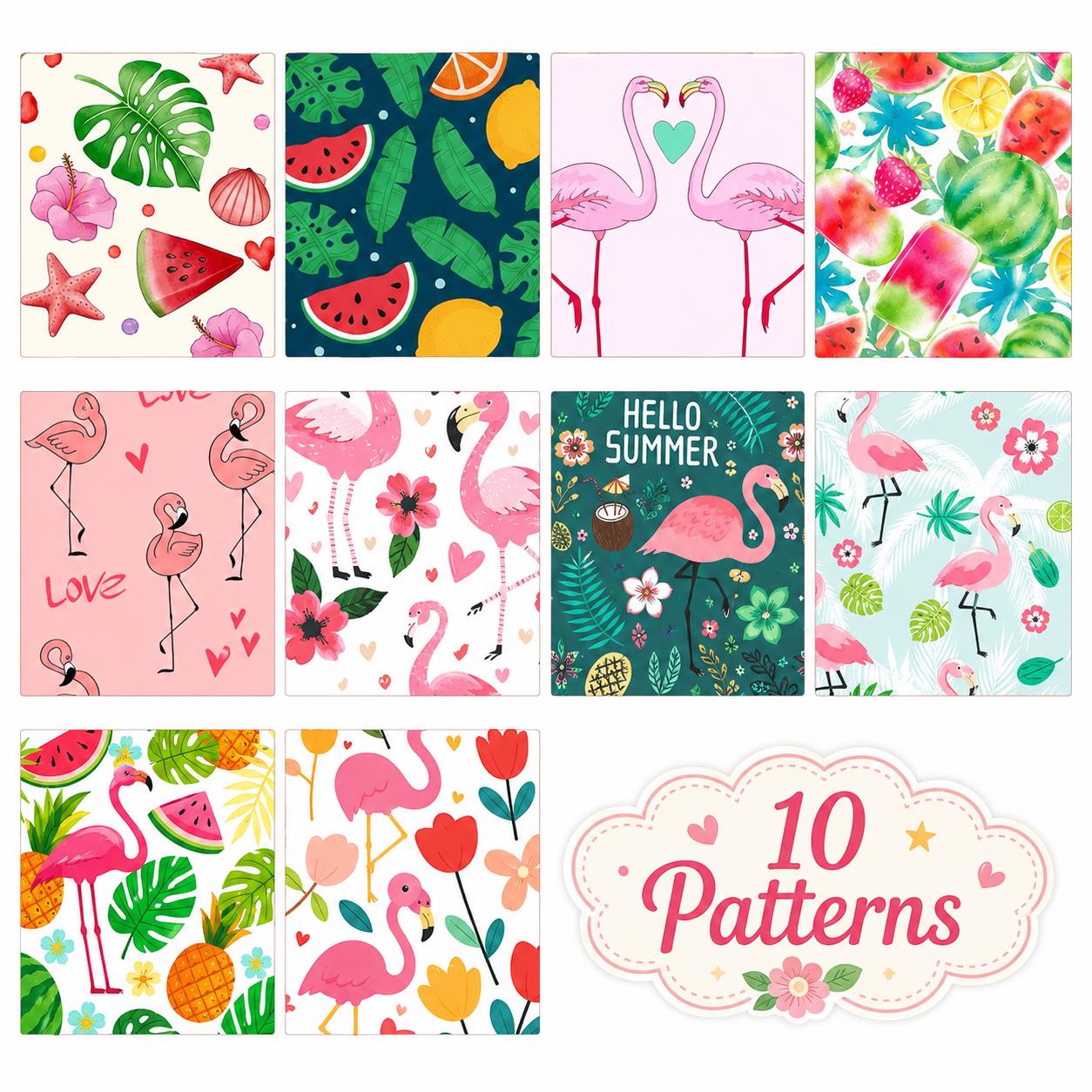 10Pc/Set, Making 10 Images 1pc Each, Each Size: 6.3*50cm Summer Watermelon Flamingo Series Sliced Fabric Set Style Combination, Polyester Jelly Roll Fabric Strips, Pre-Cut Quilting Squares, For Quilting DIY, Handicrafts And Sewing, Blankets, Rugs