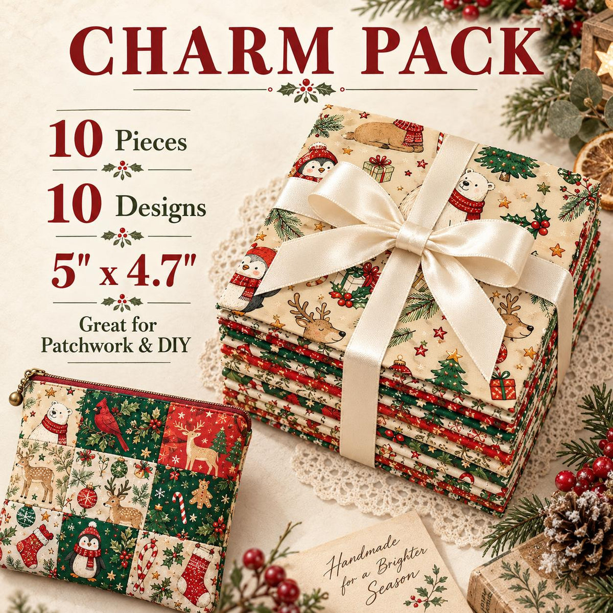 10Pc/Set Christmas Series Flower Bell Star Tree Penguin Bear Holly Crutch Pinecones Northern Cardinal Fat Quarter Fabric, Pre-Cut Square Fabric Assort, Fabric Set, Craft Fabric, Handmade DIY Patchwork Fabric,Home Quilting Sewing Fabric, Packaging Fabric,