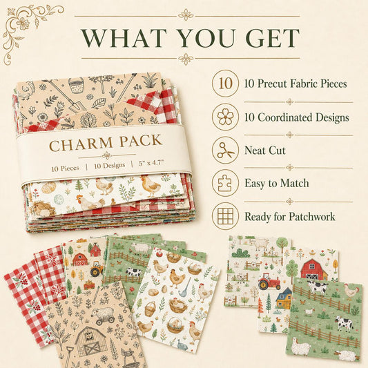 10pcs Charm Pack Set Hen Egg Sheep Farm Pattern Vintage Style Handmade DIY with Rich Color and Texture Elements 100% Polyester Patchwork in 10 Design Styles Suitable for Patchwork DIY Craft Projects DIY Wallet Making Gift Giving Bag Making Mother's Day Gi