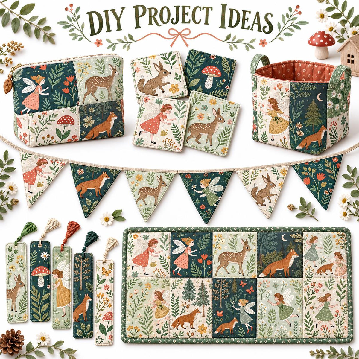10Pc/Set Flower Series Deer Tree Fox Mushroom Fat Quarter Fabric, Pre-Cut Square Fabric Assort, Fabric Set, Craft Fabric, Handmade DIY Patchwork Fabric,Home Quilting Sewing Fabric, Packaging Fabric, Scrapbooking Craft Hobbyist