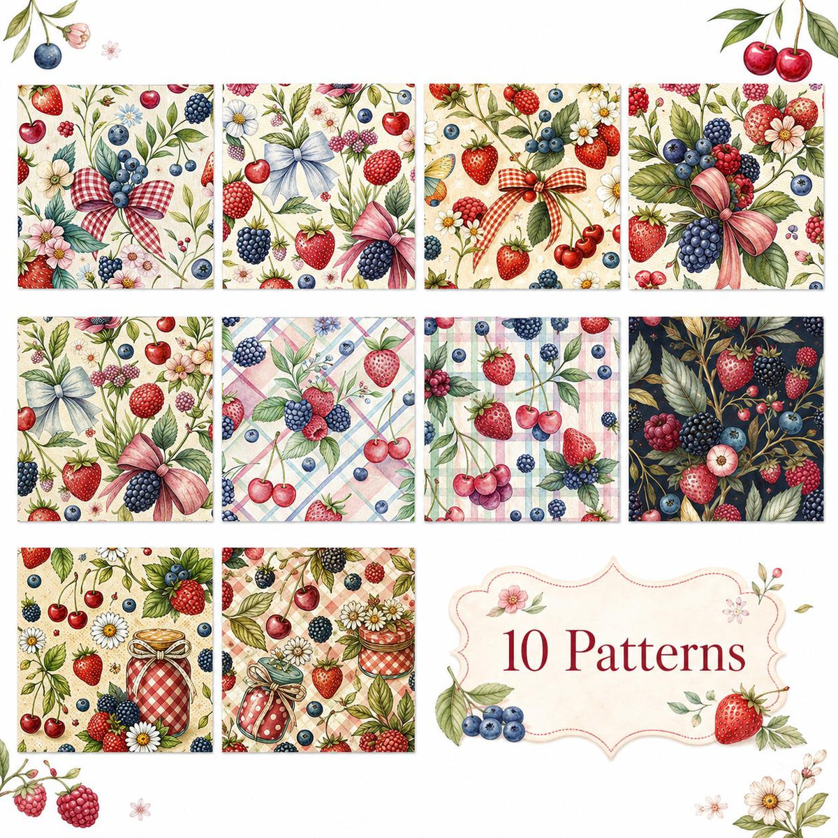 10pcs Vintage Strawberry Blueberry Floral Pattern Jelly Roll Fabric Strips 2.5X19.7inch Pre-Cut 100% Polyester For Patchwork Quilts, Table Runners, Placemats, Tote Bags, Storage Pouches, Makeup Bags, Coasters, Quilt Blocks & Binding