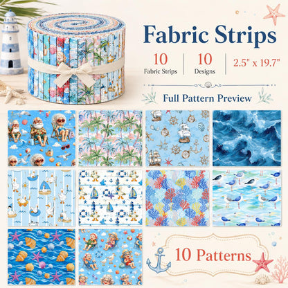 10Pc/Set, Making 10 Images 1pc Each, Each Size: 6.3*50cm Grandma Beach Ocean Series Sliced Fabric Set Style Combination, Polyester Jelly Roll Fabric Strips, Pre-Cut Quilting Squares, For Quilting DIY, Handicrafts And Sewing, Blankets, Rugs