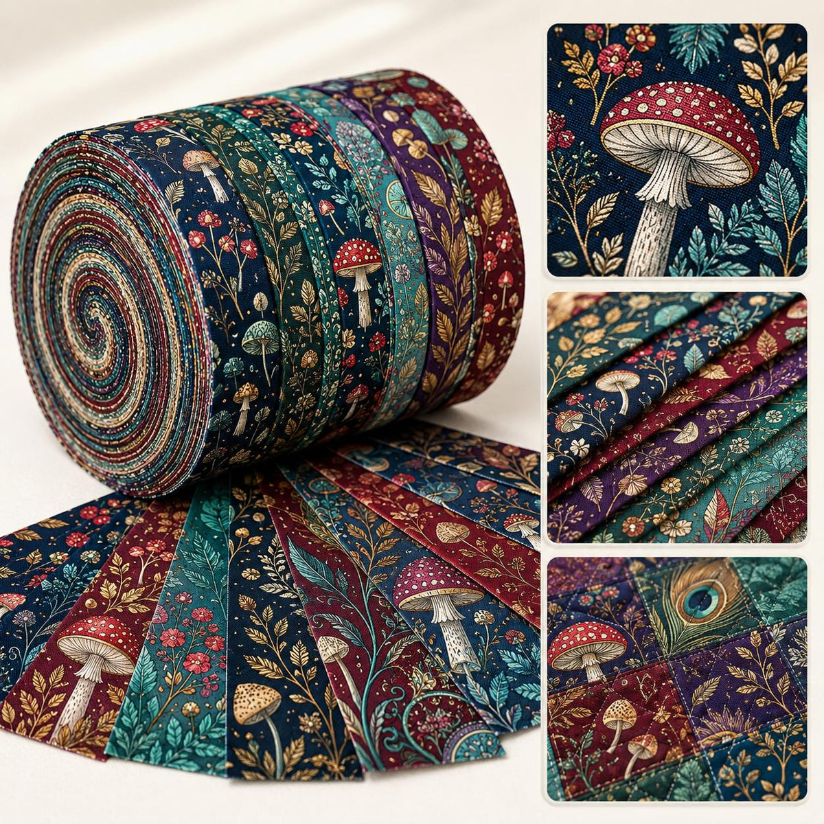 10pcs Vintage Mushroom Floral Pattern Jelly Roll Fabric Strips 2.5X19.7inch Pre-Cut 100% Polyester For Patchwork Quilts, Table Runners, Placemats, Tote Bags, Storage Pouches, Makeup Bags, Coasters, Quilt Blocks & Binding