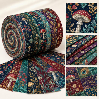 10pcs Vintage Mushroom Floral Pattern Jelly Roll Fabric Strips 2.5X19.7inch Pre-Cut 100% Polyester For Patchwork Quilts, Table Runners, Placemats, Tote Bags, Storage Pouches, Makeup Bags, Coasters, Quilt Blocks & Binding