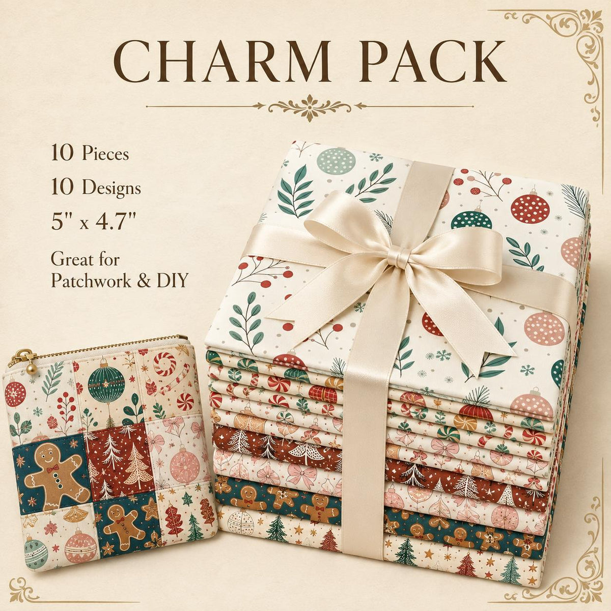 10Pc/Set Christmas Series Bowknot Heart Star Candy Crutch Fat Quarter Fabric, Pre-Cut Square Fabric Assort, Fabric Set, Craft Fabric, Handmade DIY Patchwork Fabric,Home Quilting Sewing Fabric, Packaging Fabric, Scrapbooking Craft Hobbyist