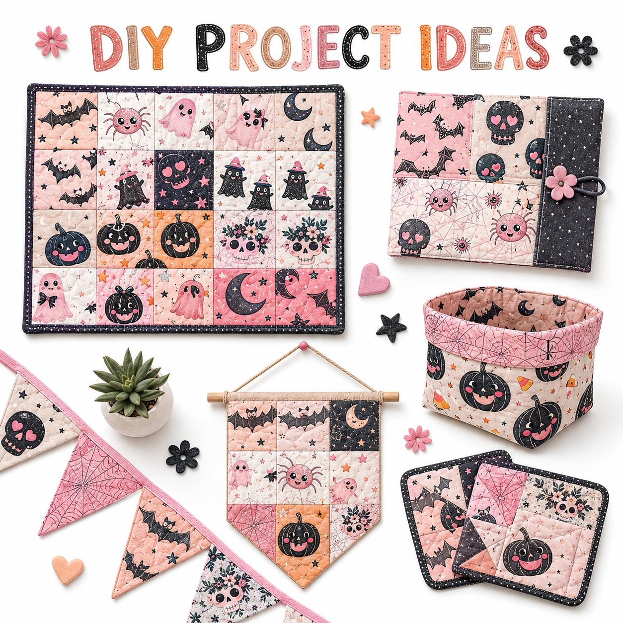 10pcs Charm Pack Set  Bat Ghost Skull Halloween Vintage Style Pattern Handmade DIY with Rich Color and Texture Elements 100% Polyester Patchwork in 10 Design Styles Suitable for Patchwork DIY Craft Projects DIY Wallet Making Gift Giving Bag Making