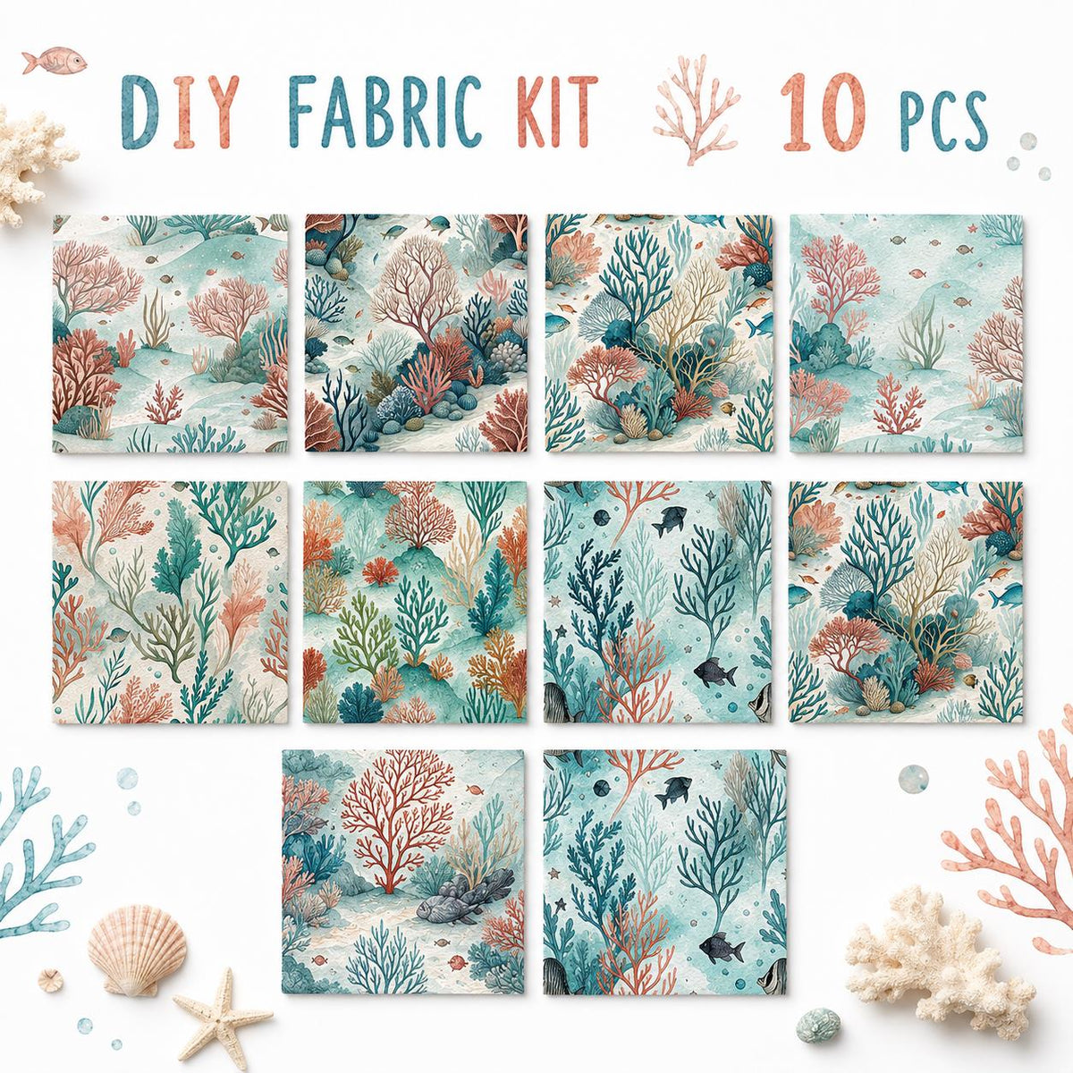 10Pc/Set Ocean Series Series Coral Conch Fish Fat Quarter Fabric, Pre-Cut Square Fabric Assort, Fabric Set, Craft Fabric, Handmade DIY Patchwork Fabric,Home Quilting Sewing Fabric, Packaging Fabric, Scrapbooking Craft Hobbyist