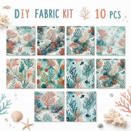 10Pc/Set Ocean Series Series Coral Conch Fish Fat Quarter Fabric, Pre-Cut Square Fabric Assort, Fabric Set, Craft Fabric, Handmade DIY Patchwork Fabric,Home Quilting Sewing Fabric, Packaging Fabric, Scrapbooking Craft Hobbyist