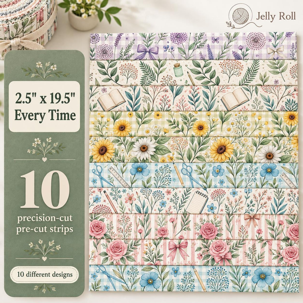 10pcs Vintage Floral Pattern Jelly Roll Fabric Strips 2.5X19.7inch Pre-Cut 100% Polyester For Patchwork Quilts, Table Runners, Placemats, Tote Bags, Storage Pouches, Makeup Bags, Coasters, Quilt Blocks & Binding